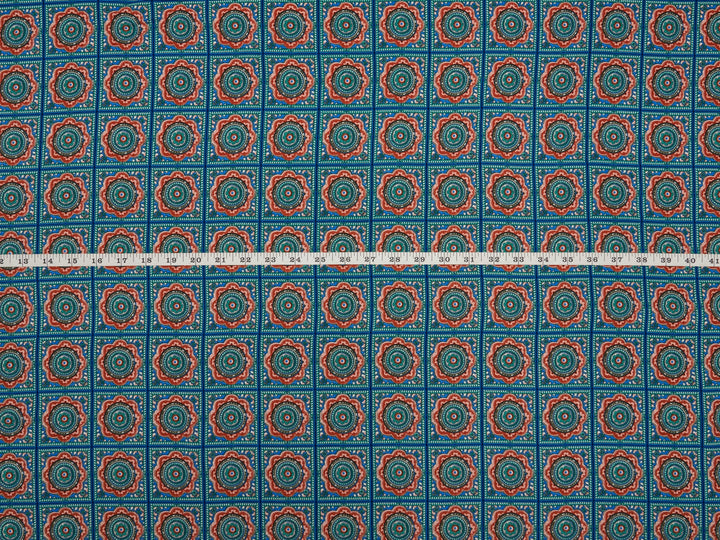 Tribal Boho Woolpeach Floral fabric by the yard - Blue orange medallion tribal Aztec