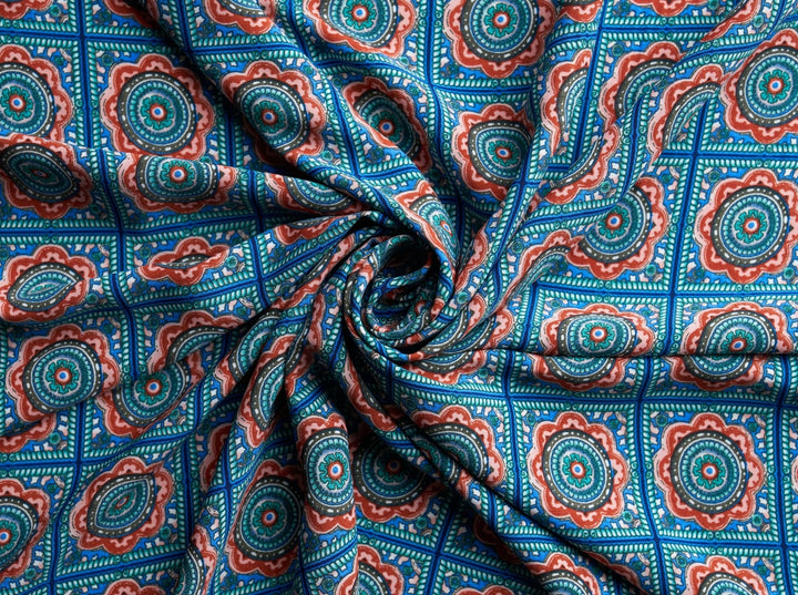 Tribal Boho Woolpeach Floral fabric by the yard - Blue orange medallion tribal Aztec