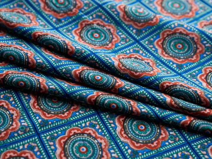 Tribal Boho Woolpeach Floral fabric by the yard - Blue orange medallion tribal Aztec