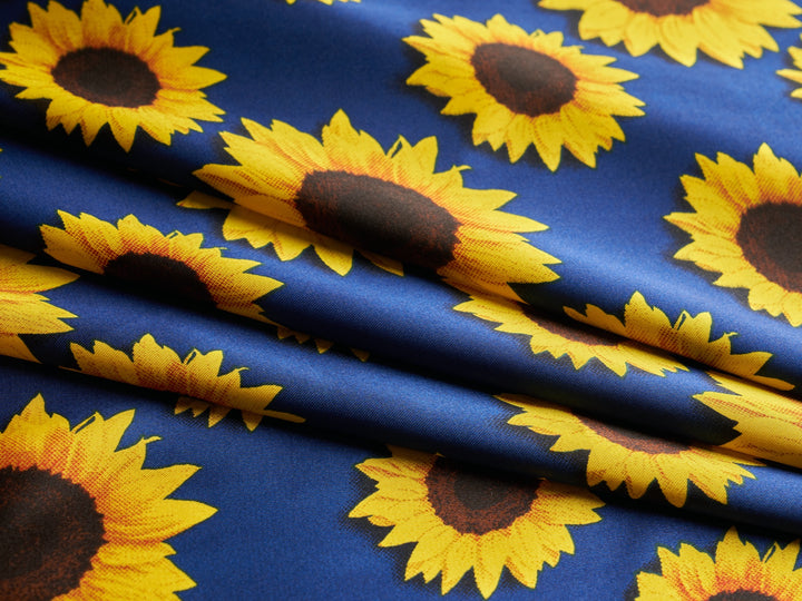 Sunflowers charmeuse satin fabric by the yard - Navy sunflowers