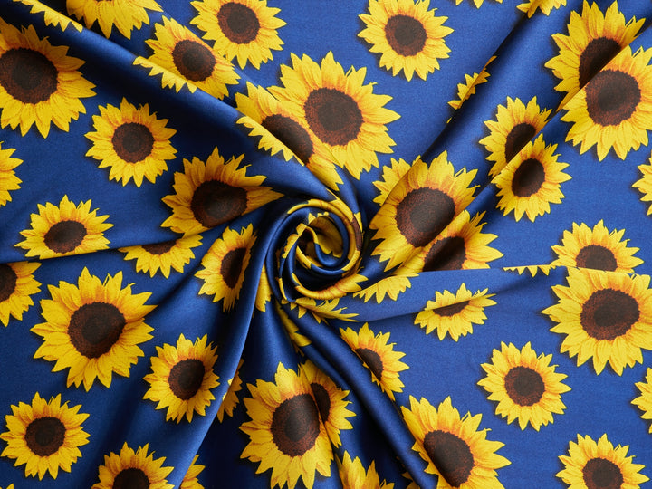 Sunflowers charmeuse satin fabric by the yard - Navy sunflowers