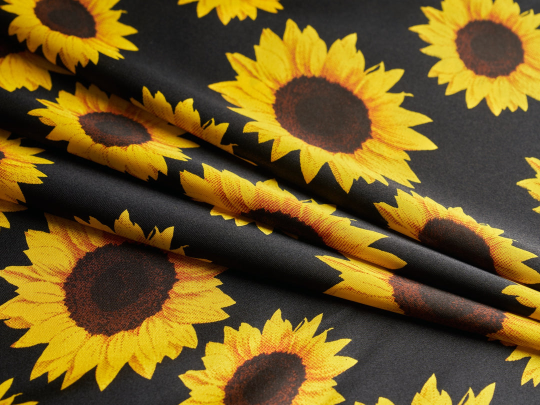 Sunflowers charmeuse satin fabric by the yard - Black sunflowers