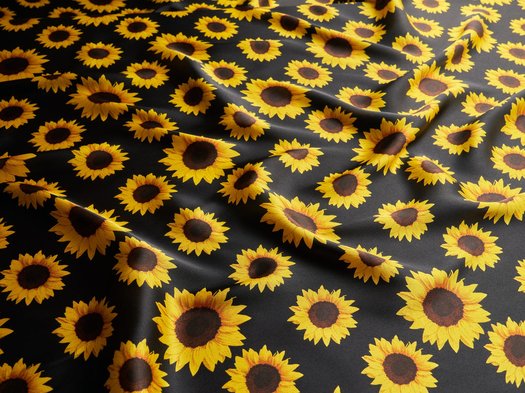 Sunflowers charmeuse satin fabric by the yard - Black sunflowers