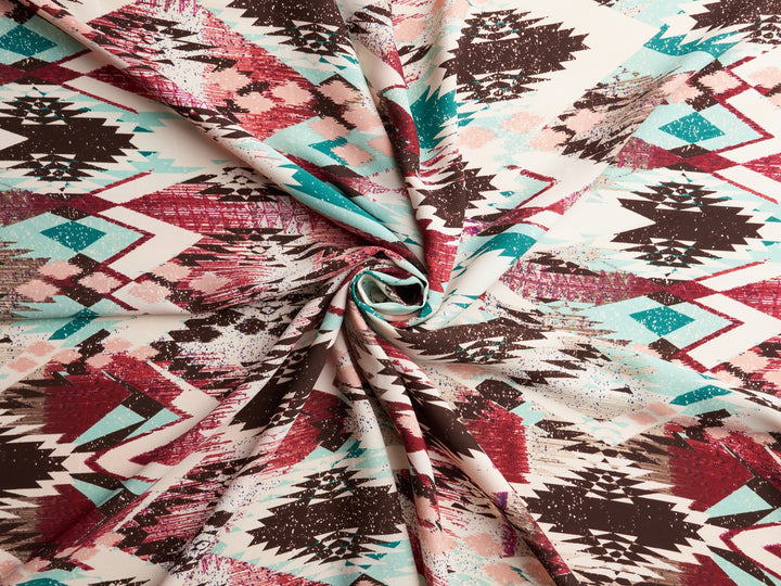 Georgette  boho tribal fabric by the yard - Pink brown teal tribal Aztec