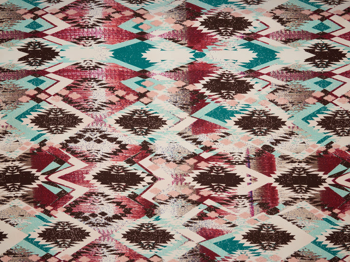 Georgette  boho tribal fabric by the yard - Pink brown teal tribal Aztec