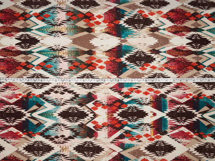 Georgette  boho tribal fabric by the yard - Orange brown teal tribal Aztec