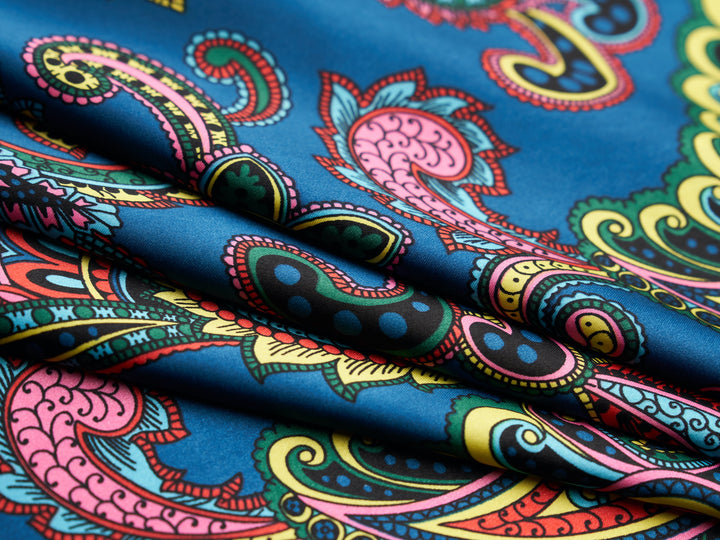 Paisley charmeuse satin fabric by the yard - Blue multi color paisley