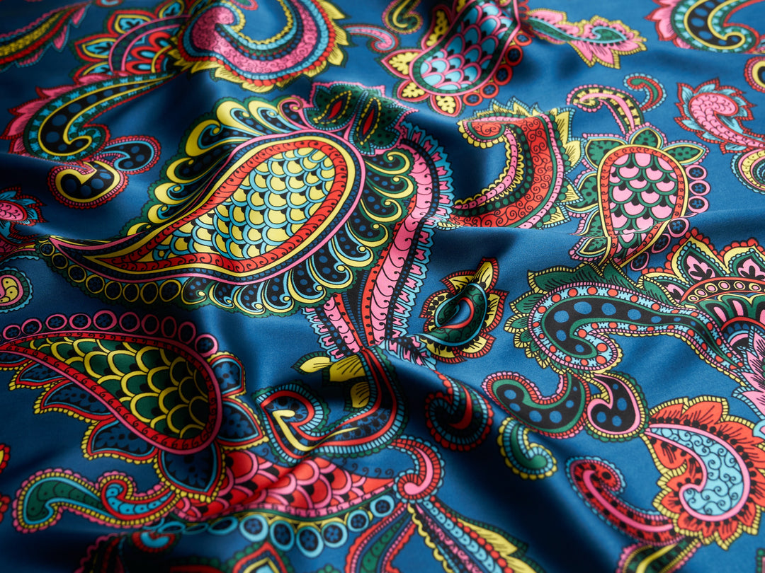 Paisley charmeuse satin fabric by the yard - Blue multi color paisley