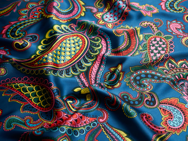 Paisley charmeuse satin fabric by the yard - Blue multi color paisley