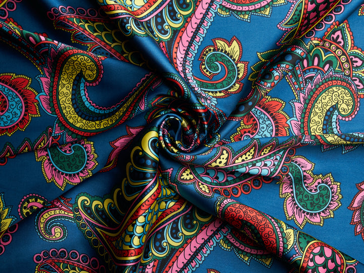 Paisley charmeuse satin fabric by the yard - Blue multi color paisley