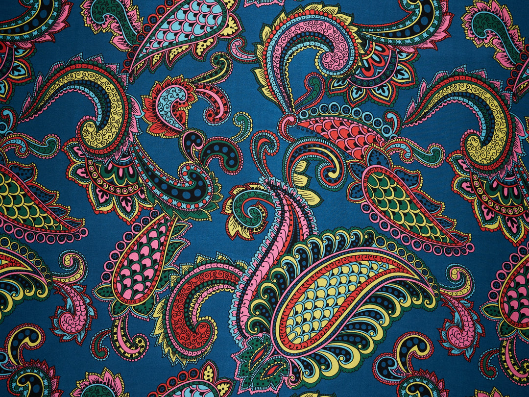 Paisley charmeuse satin fabric by the yard - Blue multi color paisley