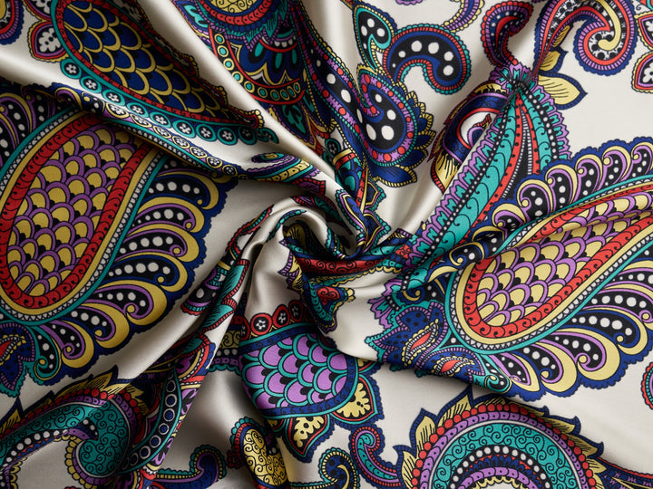 Paisley charmeuse satin fabric by the yard - Off white multi color paisley