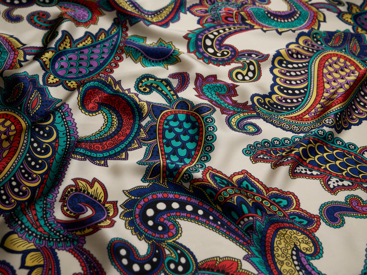 Paisley charmeuse satin fabric by the yard - Off white multi color paisley