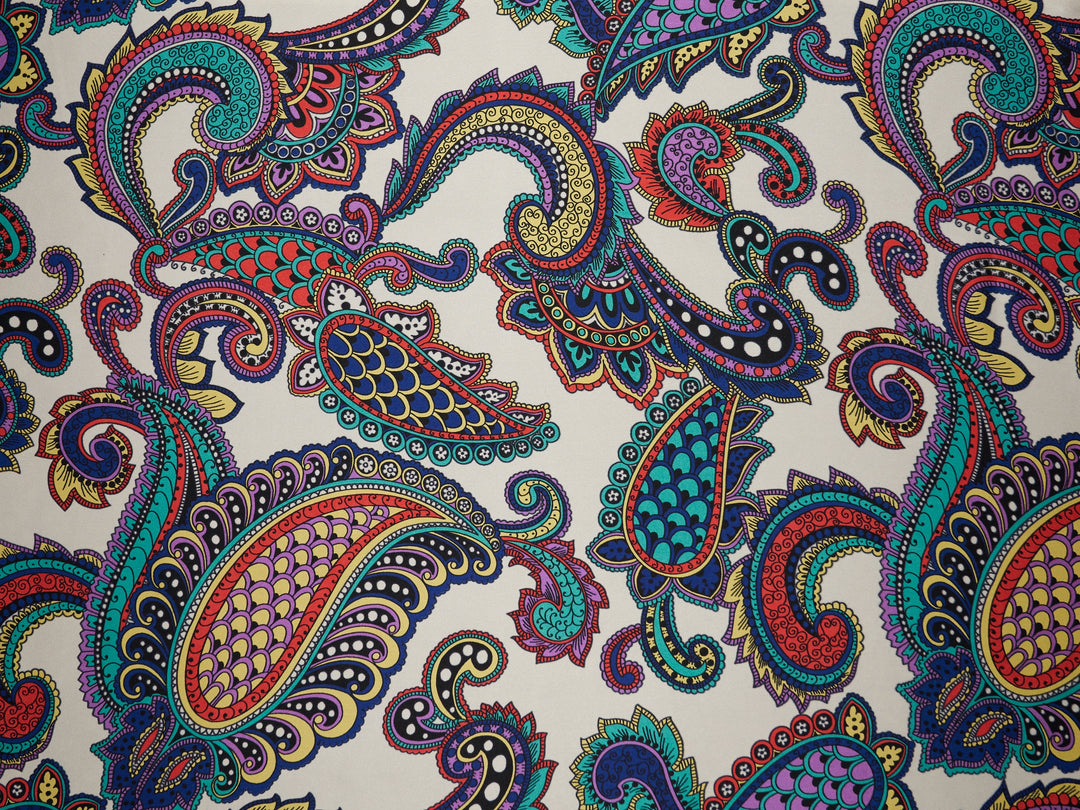 Paisley charmeuse satin fabric by the yard - Off white multi color paisley