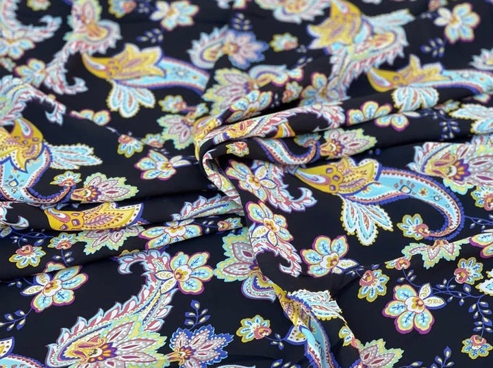 Wooldobby  fabric by the yard - Black   teal yellow paisley