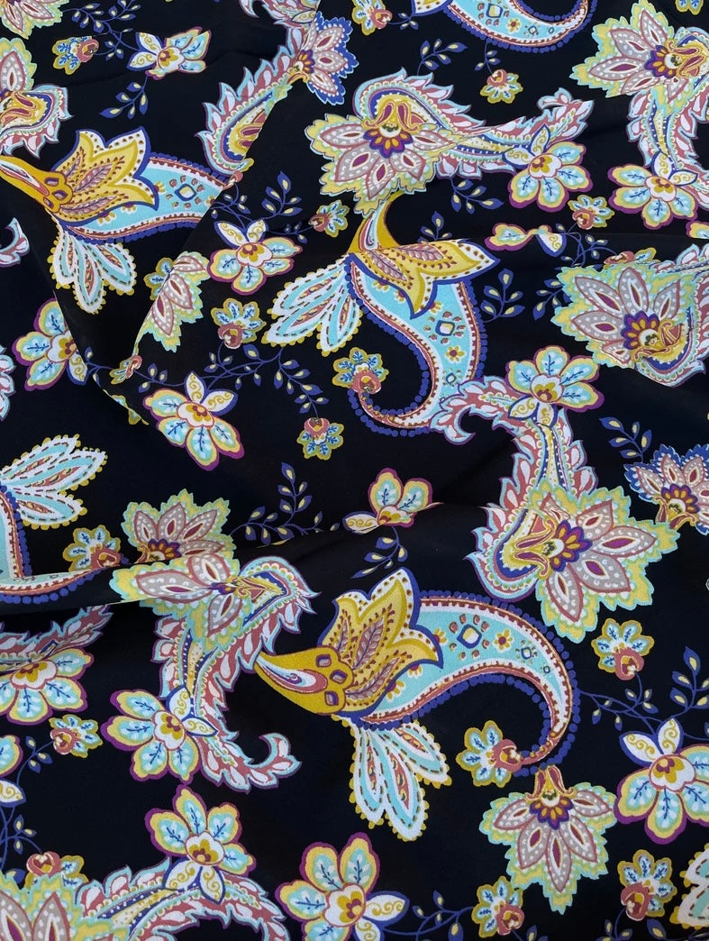 Wooldobby  fabric by the yard - Black   teal yellow paisley