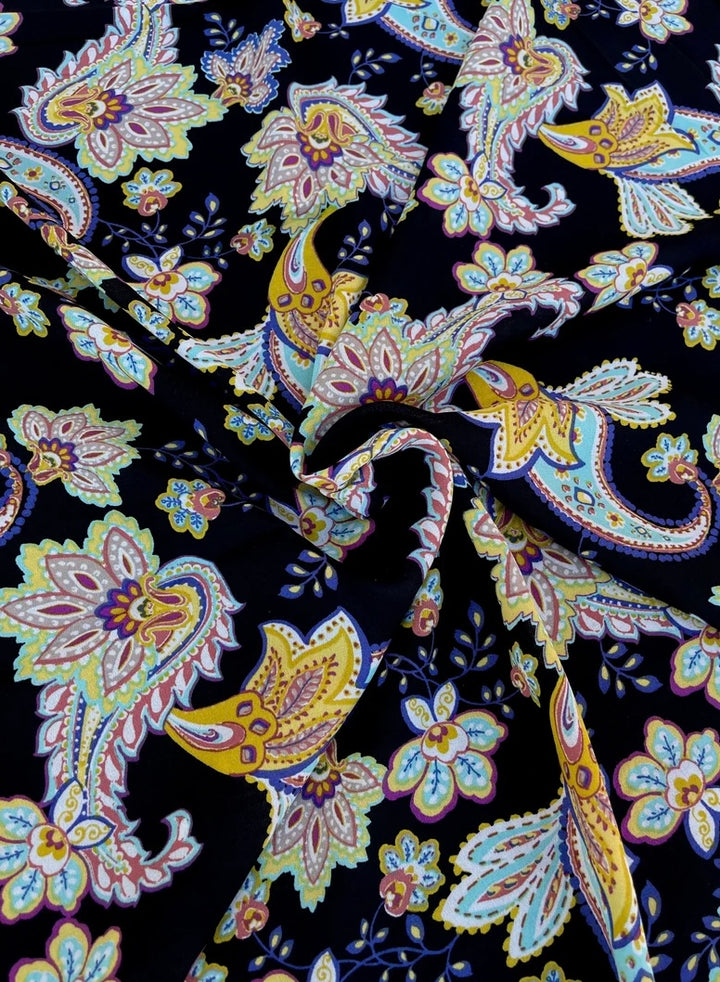 Wooldobby  fabric by the yard - Black   teal yellow paisley