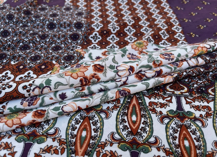 Woolpeach  fabric by the yard - Purple brown patchwork border paisley floral