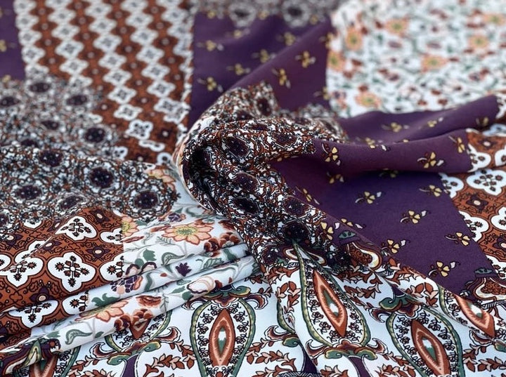 Woolpeach  fabric by the yard - Purple brown patchwork border paisley floral