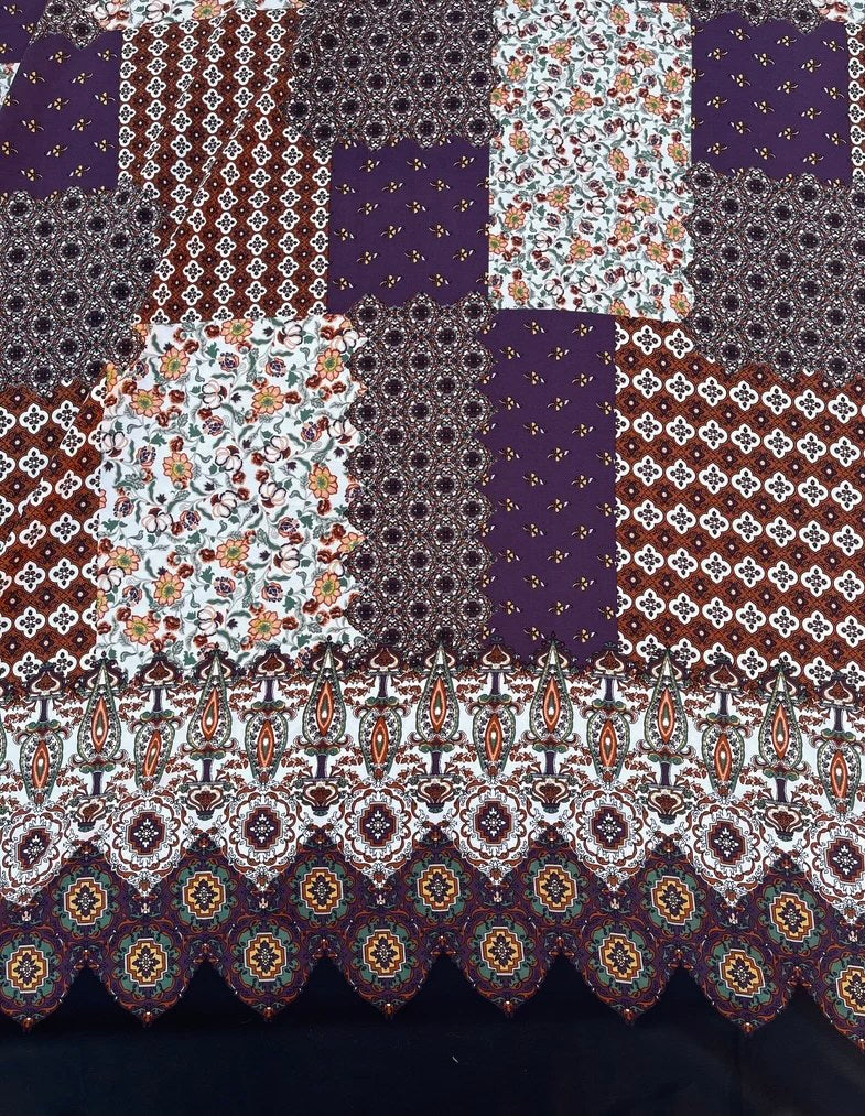 Woolpeach  fabric by the yard - Purple brown patchwork border paisley floral