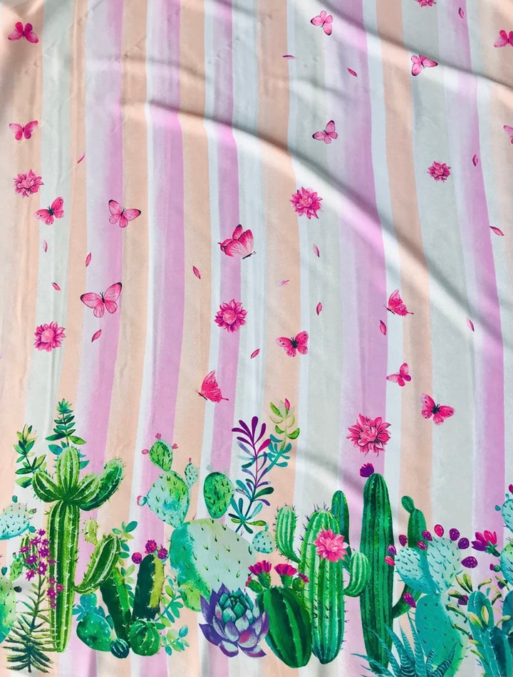 Wooldobby Cactus fabric by the yard - pink and green cactus butterflies  border