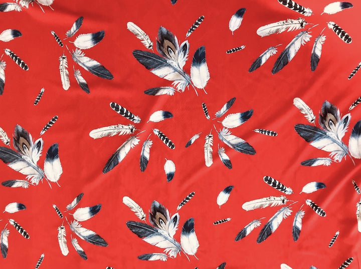 Woolpeach  fabric by the yard - Red black white feathers