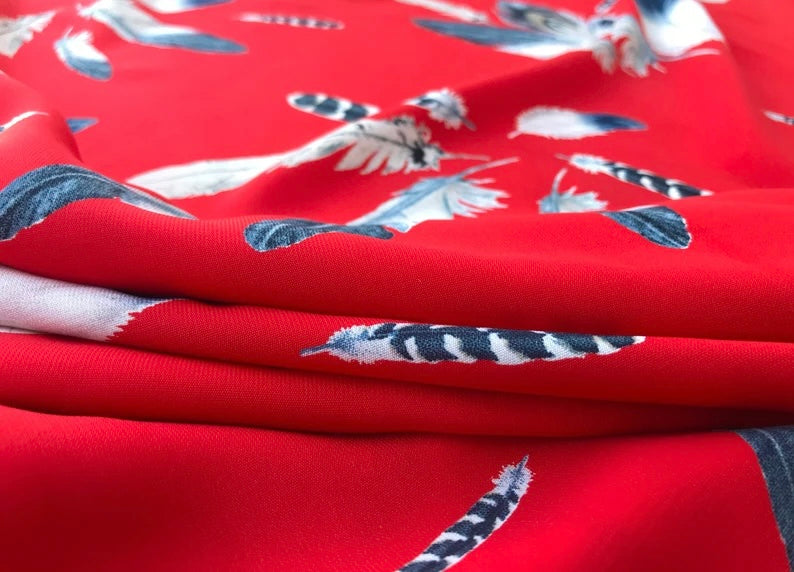 Woolpeach  fabric by the yard - Red black white feathers