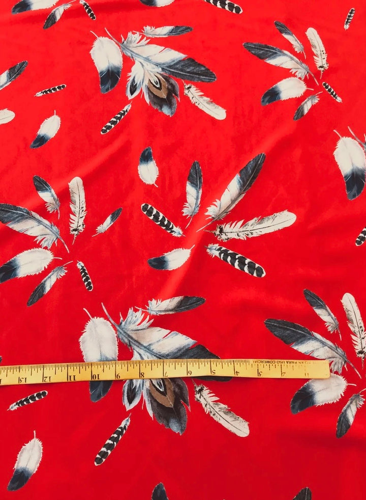 Woolpeach  fabric by the yard - Red black white feathers