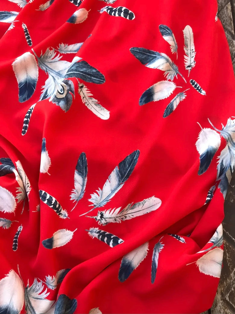 Woolpeach  fabric by the yard - Red black white feathers