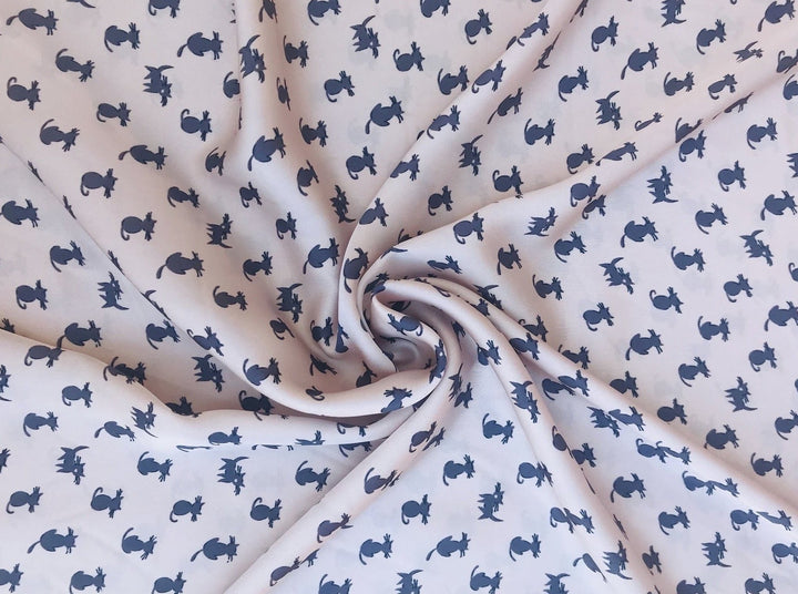 Lightweight  satin fabric by the yard - Dusty pink with gray cats