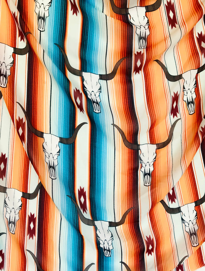 Charmeuse Satin sublimation print fabric by the yard - serape long horn steer head