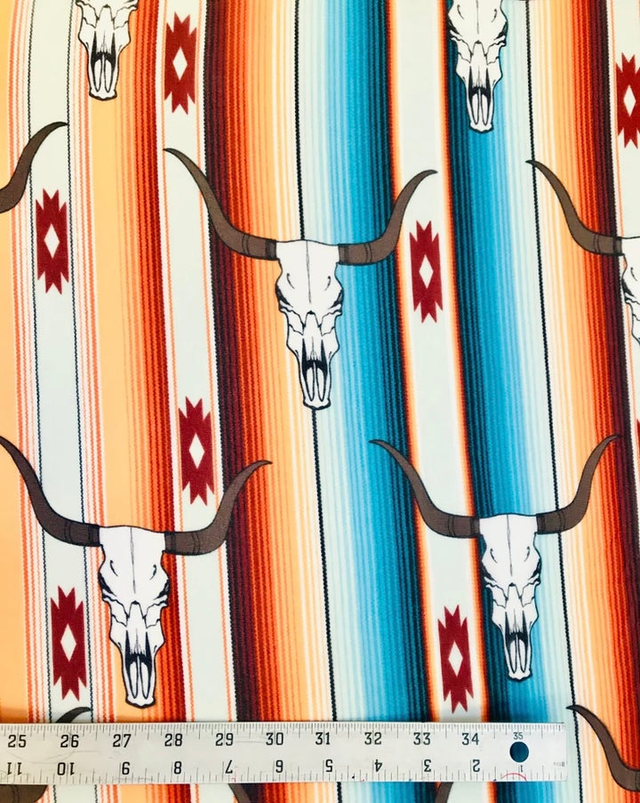 Charmeuse Satin sublimation print fabric by the yard - serape long horn steer head