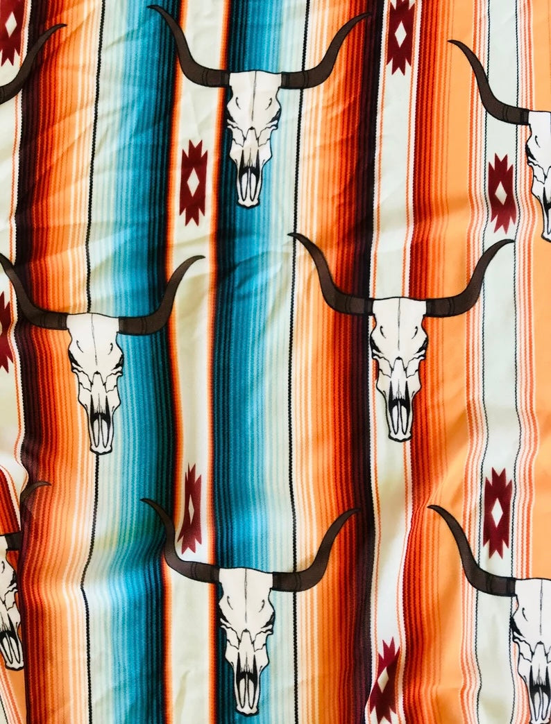 Charmeuse Satin sublimation print fabric by the yard - serape long horn steer head