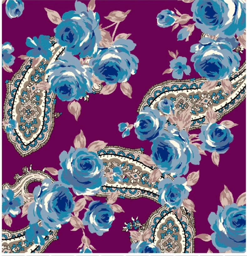 Paisley charmeuse satin fabric by the yard - Denim blue pink roses and paisley