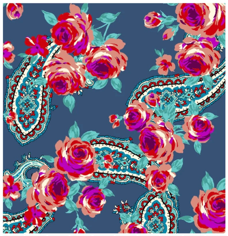 Paisley charmeuse satin fabric by the yard - Denim blue pink roses and paisley