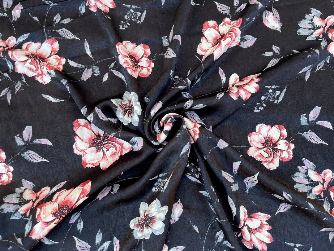 Brushed Satin fabric by the yard Red gray roses on black