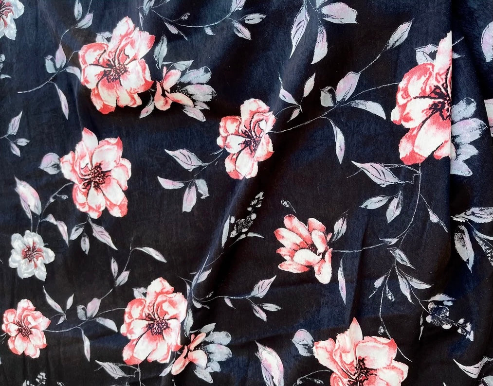 Brushed Satin fabric by the yard Red gray roses on black