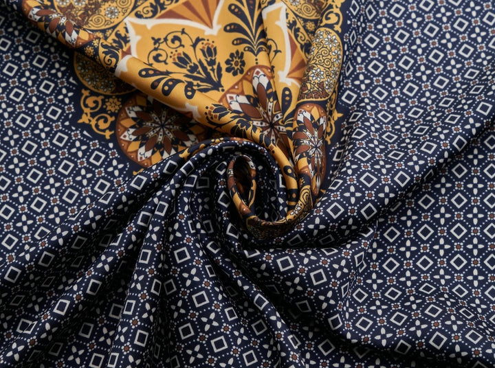 Lightweight  satin fabric by the yard - Mustard mandalas navy motifs