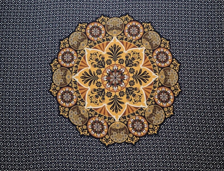 Lightweight  satin fabric by the yard - Mustard mandalas navy motifs