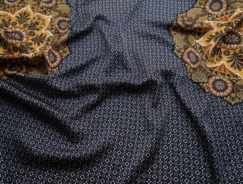 Lightweight  satin fabric by the yard - Mustard mandalas navy motifs