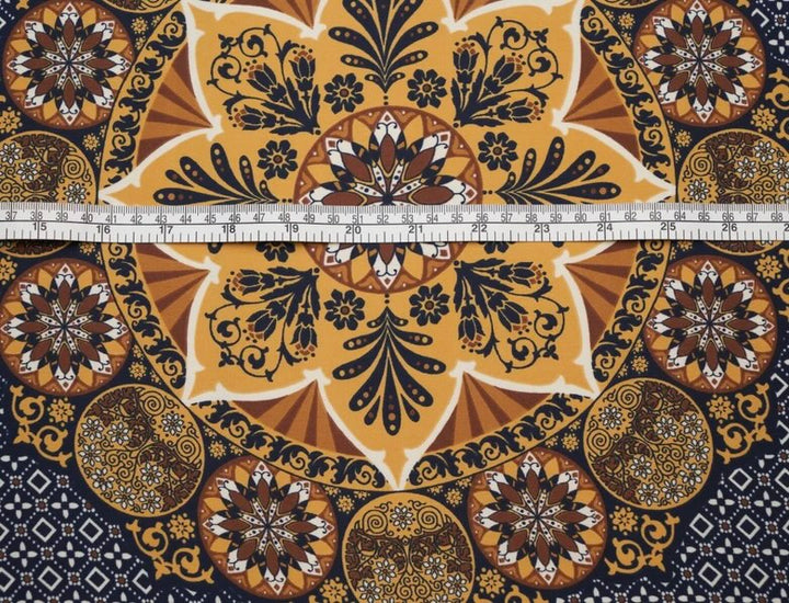 Lightweight  satin fabric by the yard - Mustard mandalas navy motifs