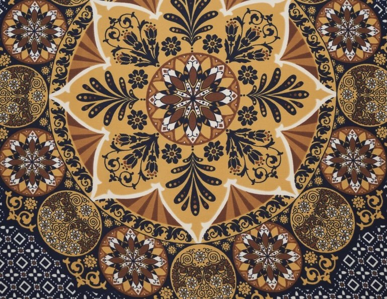 Lightweight  satin fabric by the yard - Mustard mandalas navy motifs