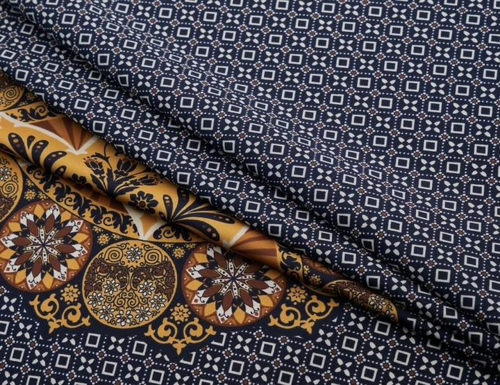 Lightweight  satin fabric by the yard - Mustard mandalas navy motifs