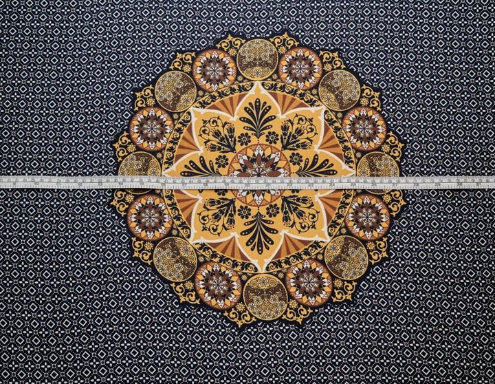 Lightweight  satin fabric by the yard - Mustard mandalas navy motifs