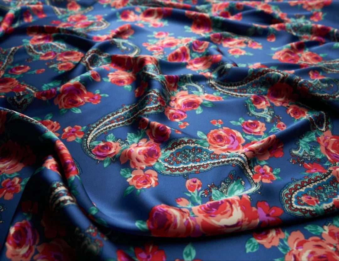 Paisley charmeuse satin fabric by the yard - Denim blue pink roses and paisley