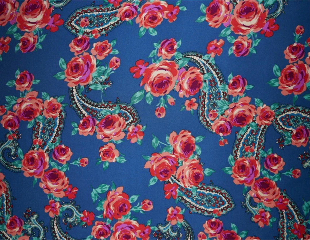 Paisley charmeuse satin fabric by the yard - Denim blue pink roses and paisley