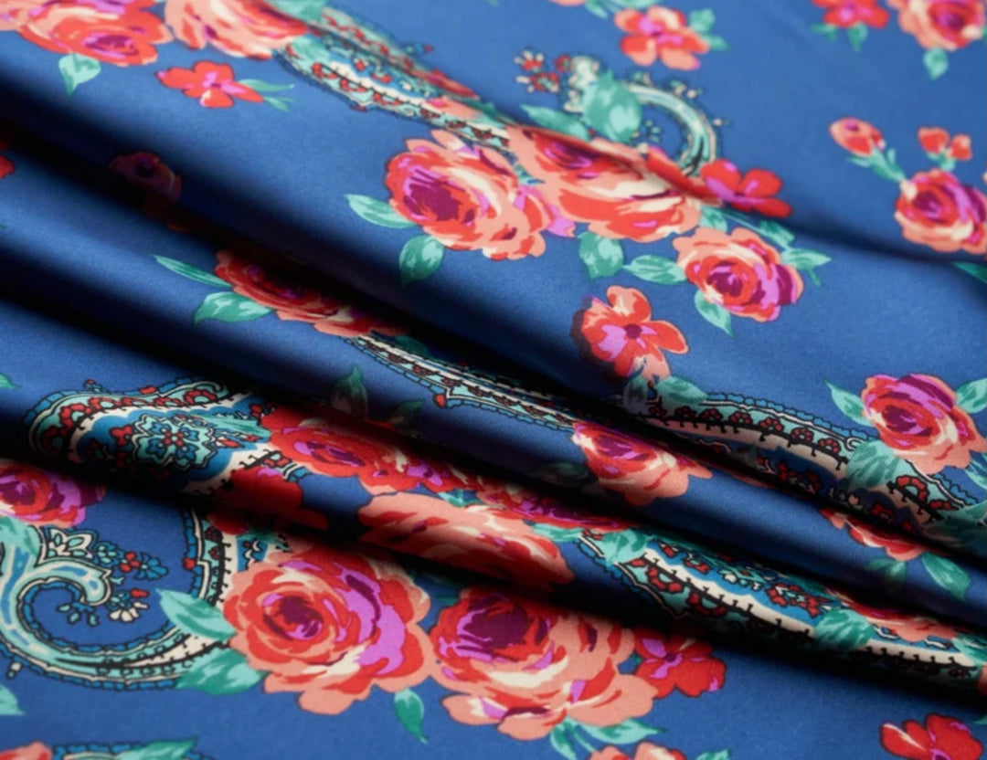 Paisley charmeuse satin fabric by the yard - Denim blue pink roses and paisley