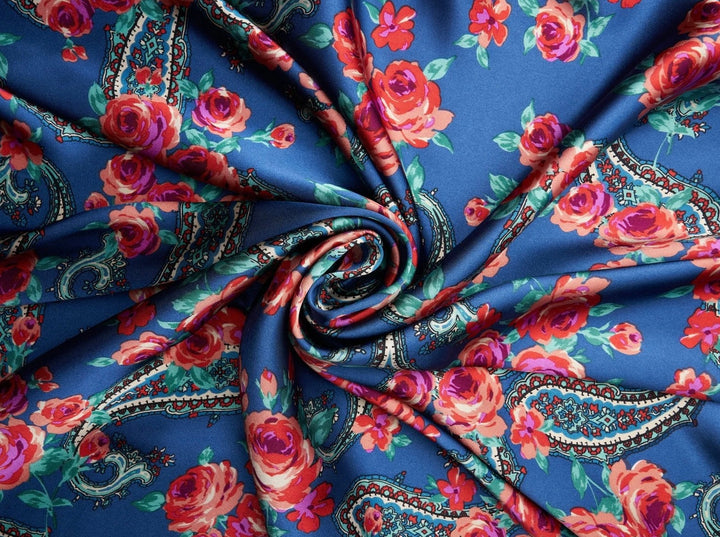 Paisley charmeuse satin fabric by the yard - Denim blue pink roses and paisley