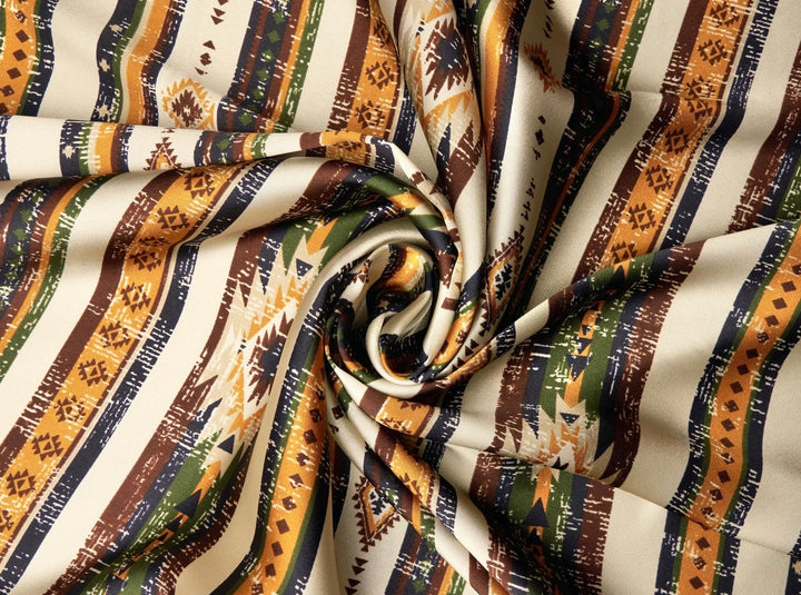 Charmeuse satin fabric by the yard -  Ivory olive green navy aztec tribal print