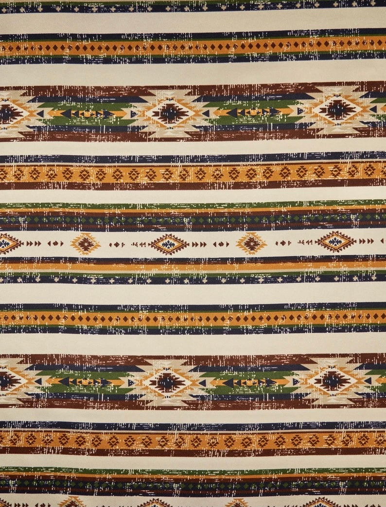 Charmeuse satin fabric by the yard -  Ivory olive green navy aztec tribal print